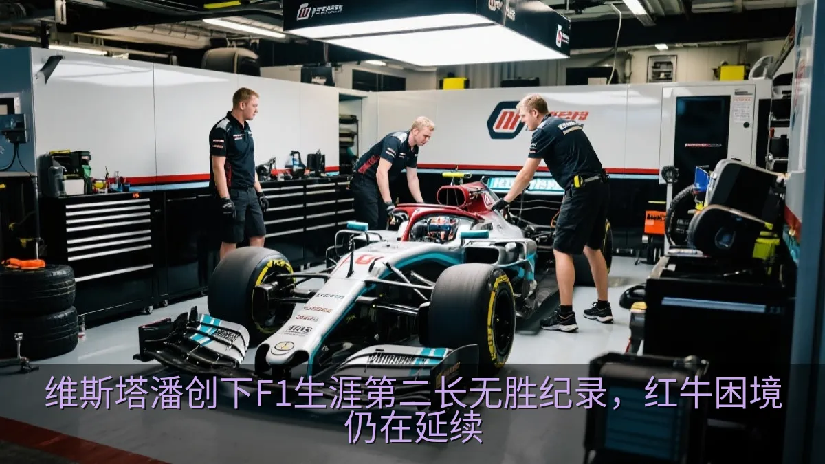 赛车维修区内的一级方程式赛车与技师